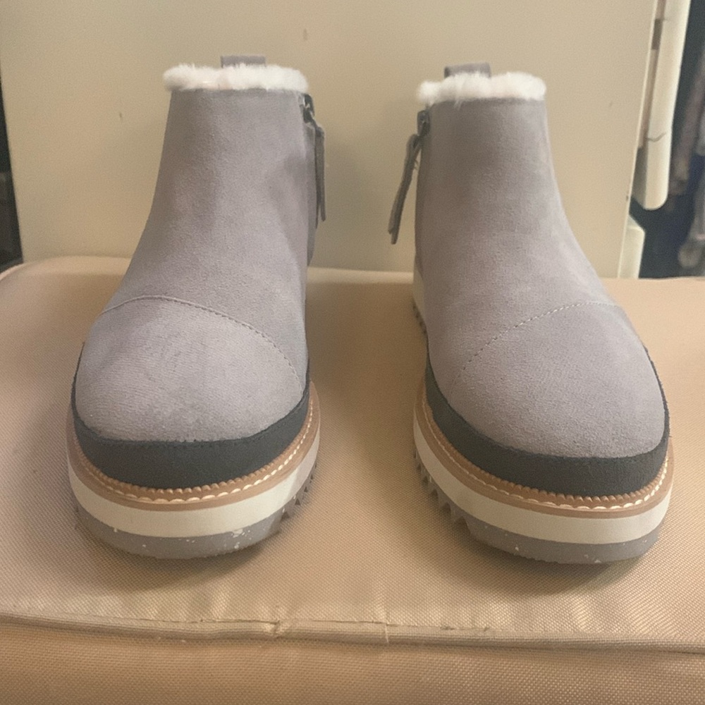 Toms Light Gray Suede Ankle Booties with Faux Fur Trim